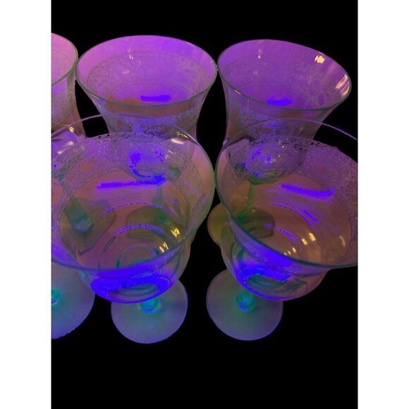 Set of 6 Uranium Glass Stem Etched Floral Wine Vintage Glasses - Picture 3 of 9
